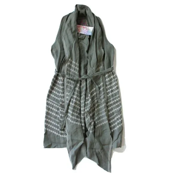 NWT JWLA Johnny Was LA Petra in Army Green Embroidered Belted Drape Linen Vest S